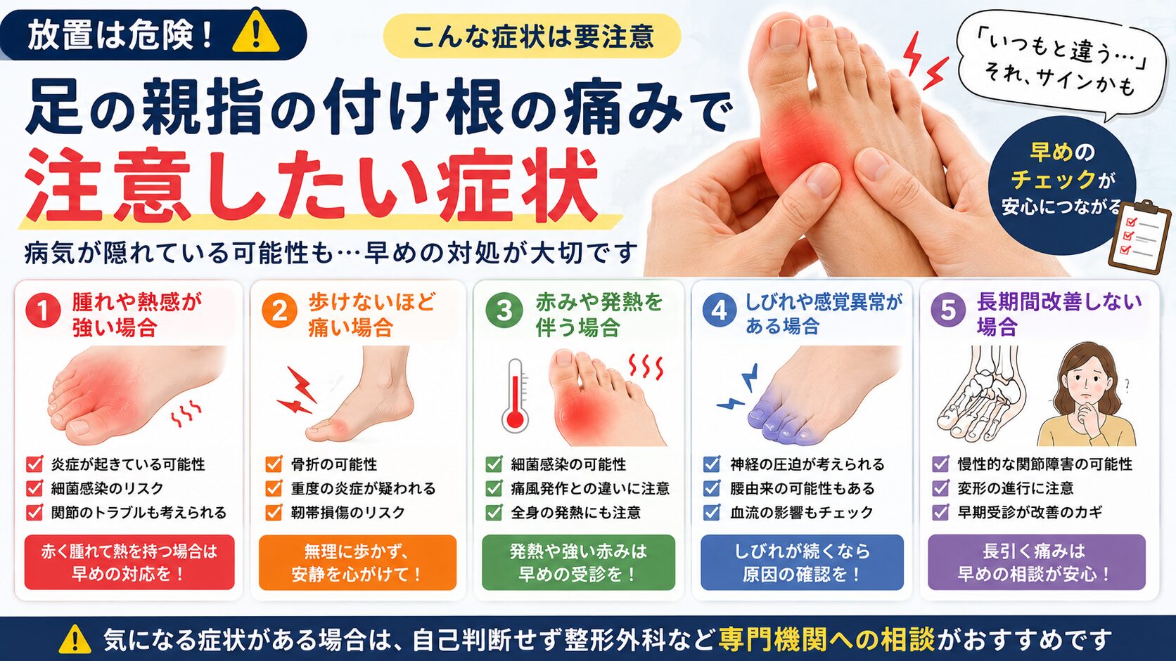 足の親指の付け根の痛みで注意したい症状