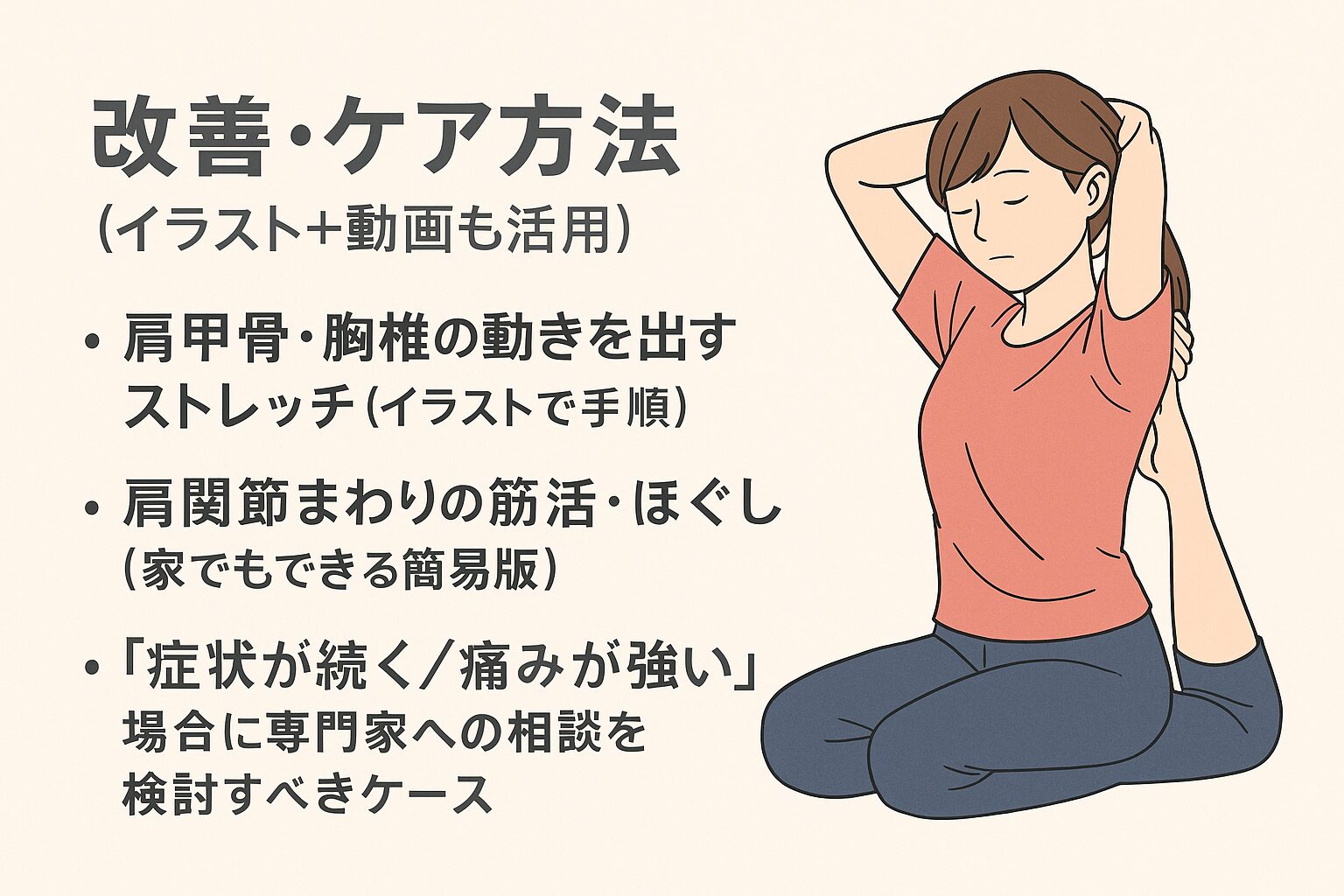 改善・ケア方法(イラスト+動画も活用)