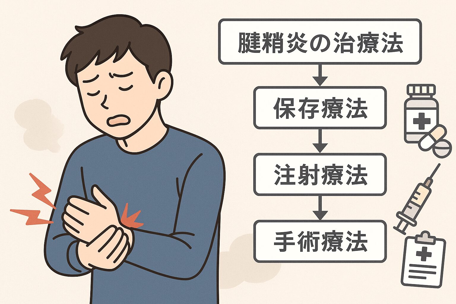 腱鞘炎の治療法概要：軽症〜重症の流れ