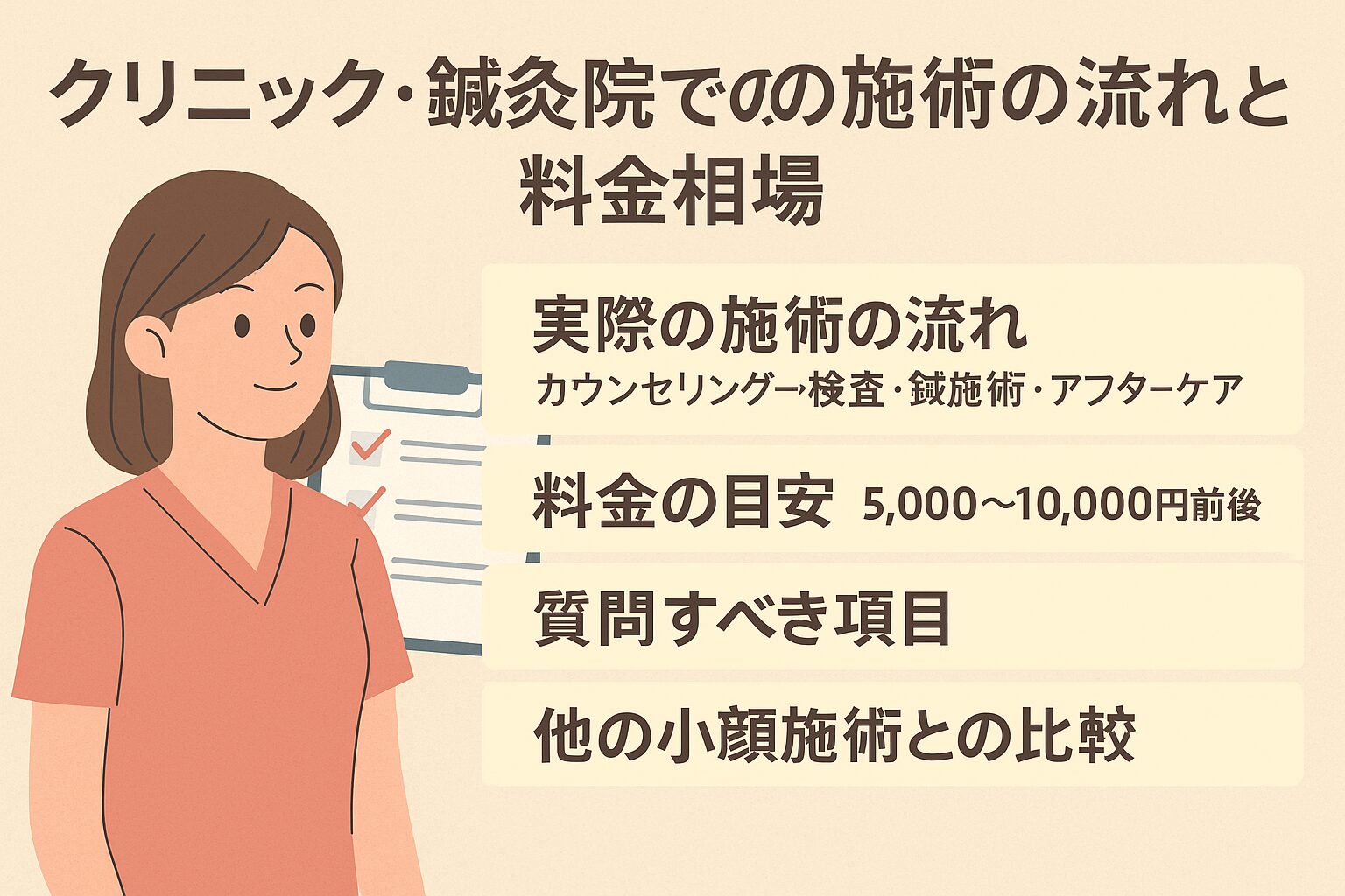 小顔針（美容鍼）に興味はあるけれど、「実際どんな流れで行われるの？」「料金はどれくらい？」と気になる方も多いですよね。ここでは、初めての方でも安心して来院できるよう、一般的な施術の流れや料金の目安、施術前に確認しておきたいポイントをまとめました。 H3：施術の流れ～カウンセリングからアフターケアまで 施術は、まずカウンセリングから始まります。肌質や生活習慣、むくみ・たるみの悩みを丁寧にヒアリングし、触診で顔や首の筋肉の状態をチェックします。その後、検査（顔の筋バランスやむくみ状態の確認）を経て、細い鍼を使用した施術へ進みます。 施術時間はおよそ30〜60分ほどで、血行を促し表情筋の動きをサポートするような刺激を与えるのが特徴です。施術後はアフターケアとして、セルフマッサージや姿勢改善、睡眠リズムの整え方など、日常でできるケアのアドバイスを受けることもあります（引用元：nikkori-sinkyuseikotsu.com）。 H3：料金の目安と通院ペース 料金は1回あたり5,000〜10,000円前後が相場とされています。都心部や専門サロンでは、施術内容によって12,000円を超えるケースもあります。 初回はお試し価格で受けられる院も多く、まず1回体験して感覚を確かめてみるのがおすすめです。 また、持続性を考えた場合、最初の1〜2ヶ月は週1回、その後は2〜4週間に1回程度のペースが良いとされています。継続して通うことで、筋肉や血流の状態が安定しやすいと言われています（引用元：ハリナチュレ）。 H3：質問しておきたい項目チェックリスト 初めて来院する際は、以下のような項目を質問しておくと安心です。 使用する鍼の素材・太さ・使い捨ての有無 施術部位と刺激の強さ、痛みの程度 効果を感じるまでの目安回数や持続期間 施術後の生活での注意点（入浴・メイク・運動など） 好転反応（赤み・眠気など）が出た際の対応方法 こうした点を丁寧に説明してくれる院は信頼度が高く、安心して継続できるとされています。 H3：他の小顔施術との比較 小顔針と他の施術を比べると、それぞれに特徴があります。 小顔矯正：骨格の歪みや筋肉バランスを整える手技中心のアプローチ。 エステ：機械やマッサージで代謝を促す。リラクゼーション効果が高い。 整形：ボトックスや脂肪溶解注射など短期間で変化を感じやすいが、費用やダウンタイムのリスクもある。 美容鍼はこれらに比べ、体への負担が少なく自然な変化を目指せる方法として選ばれることが多いです（引用元：ホットペッパービューティー）。 #小顔針 #美容鍼 #鍼灸院 #料金相場 #フェイスラインケア