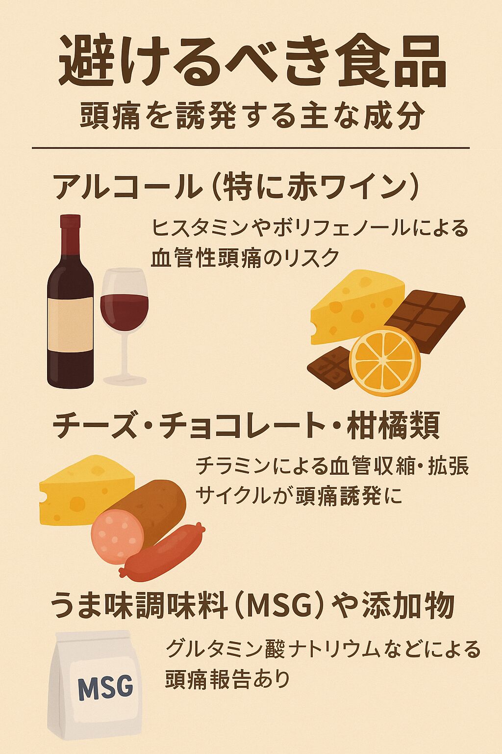 避けるべき食品：頭痛を誘発する主な成分と理解