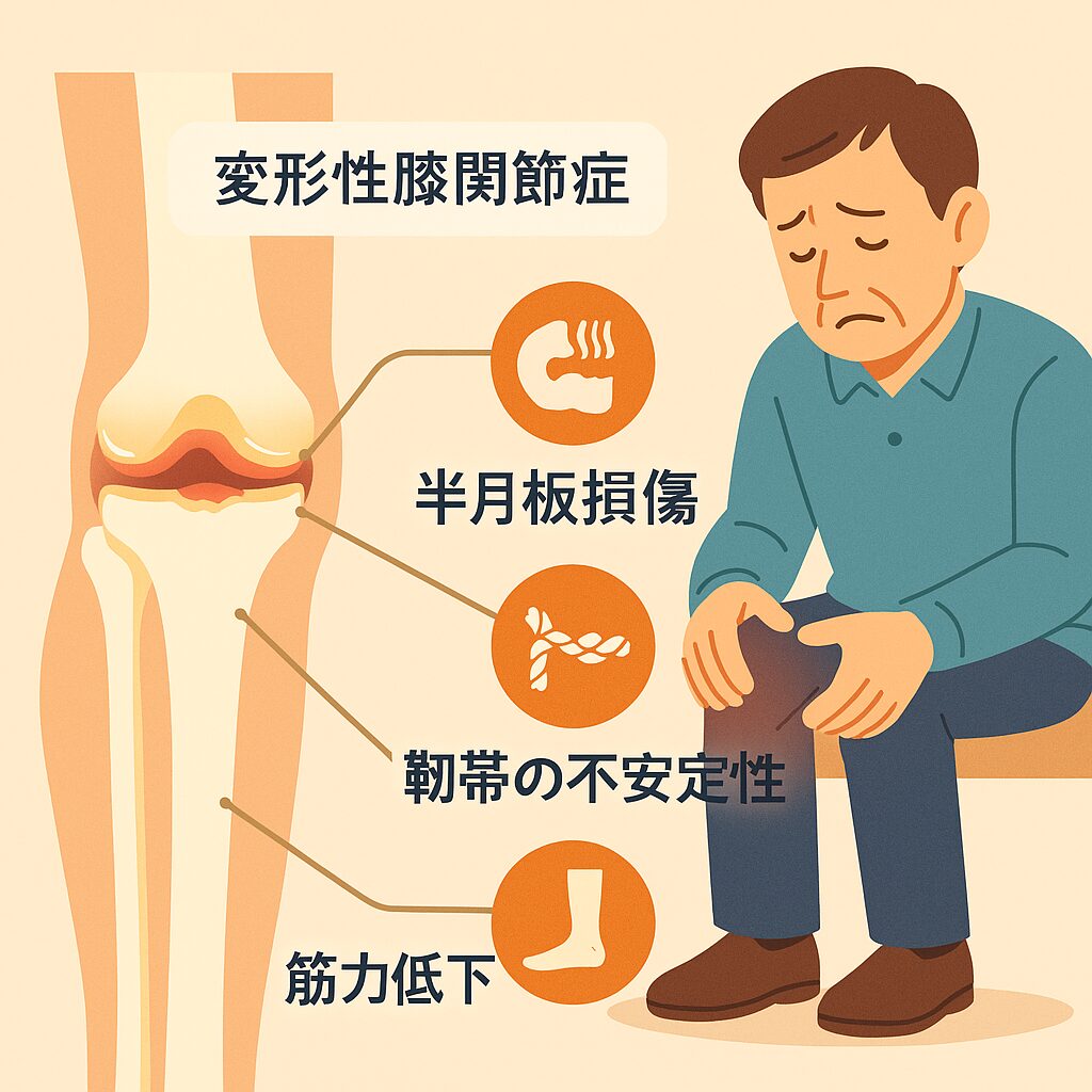 主な原因：変形性膝関節症や半月板損傷、靱帯・筋力の影響