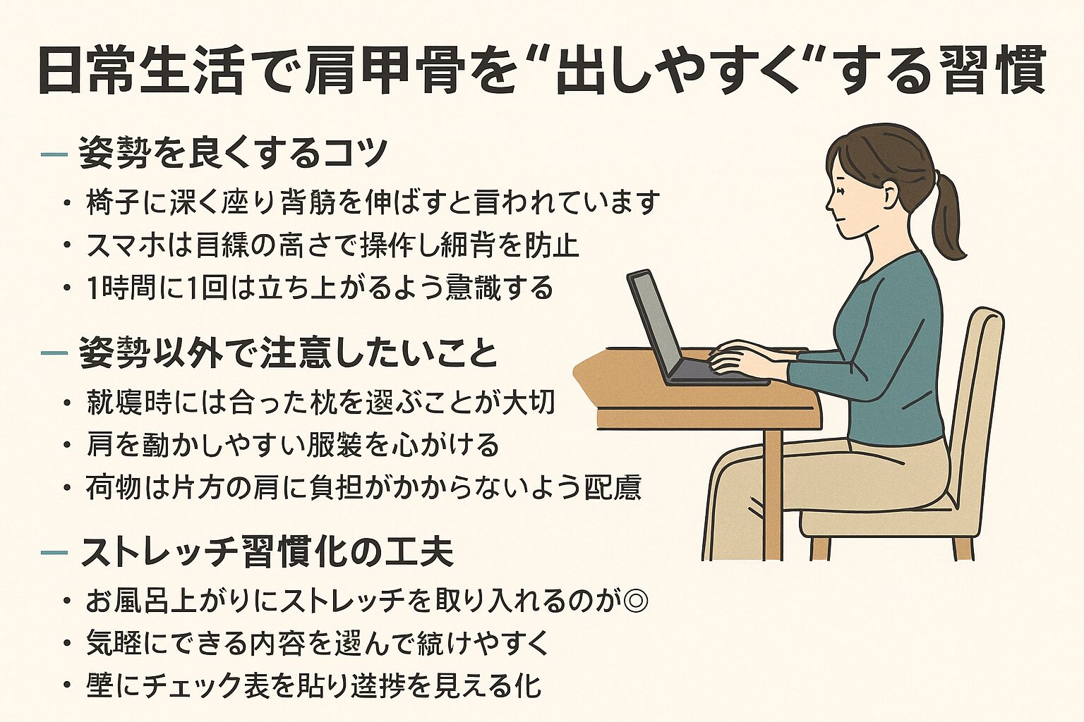 日常生活で肩甲骨を“出しやすく／動きやすく”する習慣・工夫