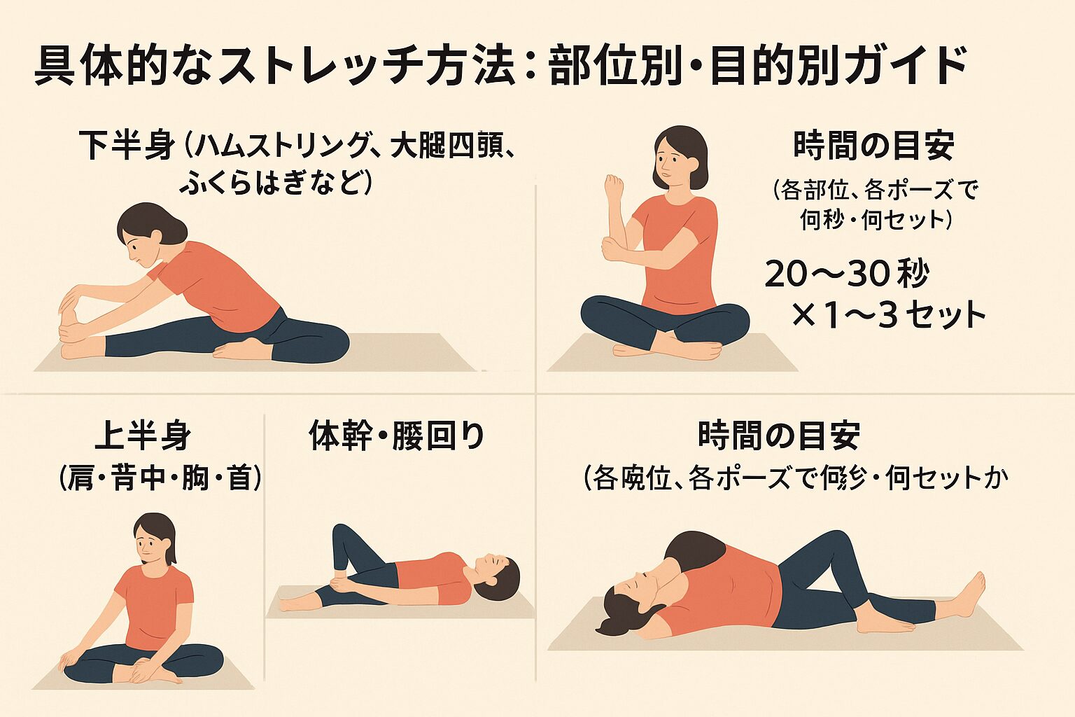 具体的なストレッチ方法：部位別・目的別ガイド
