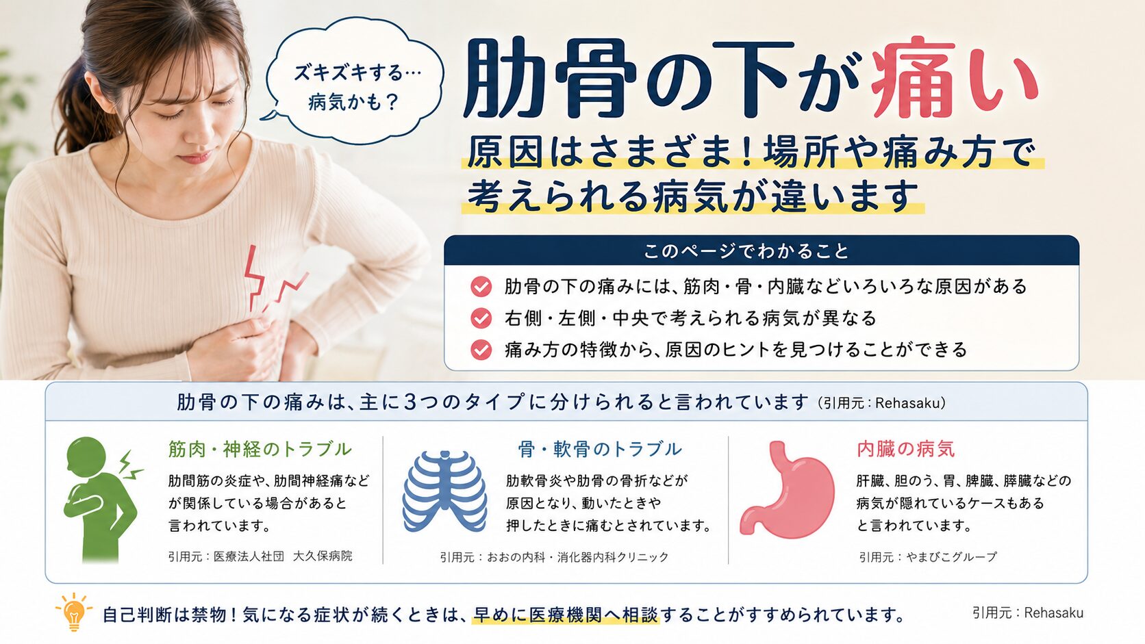 肋骨の下が痛い原因とは?痛みの場所によって考えられる病気が異なる