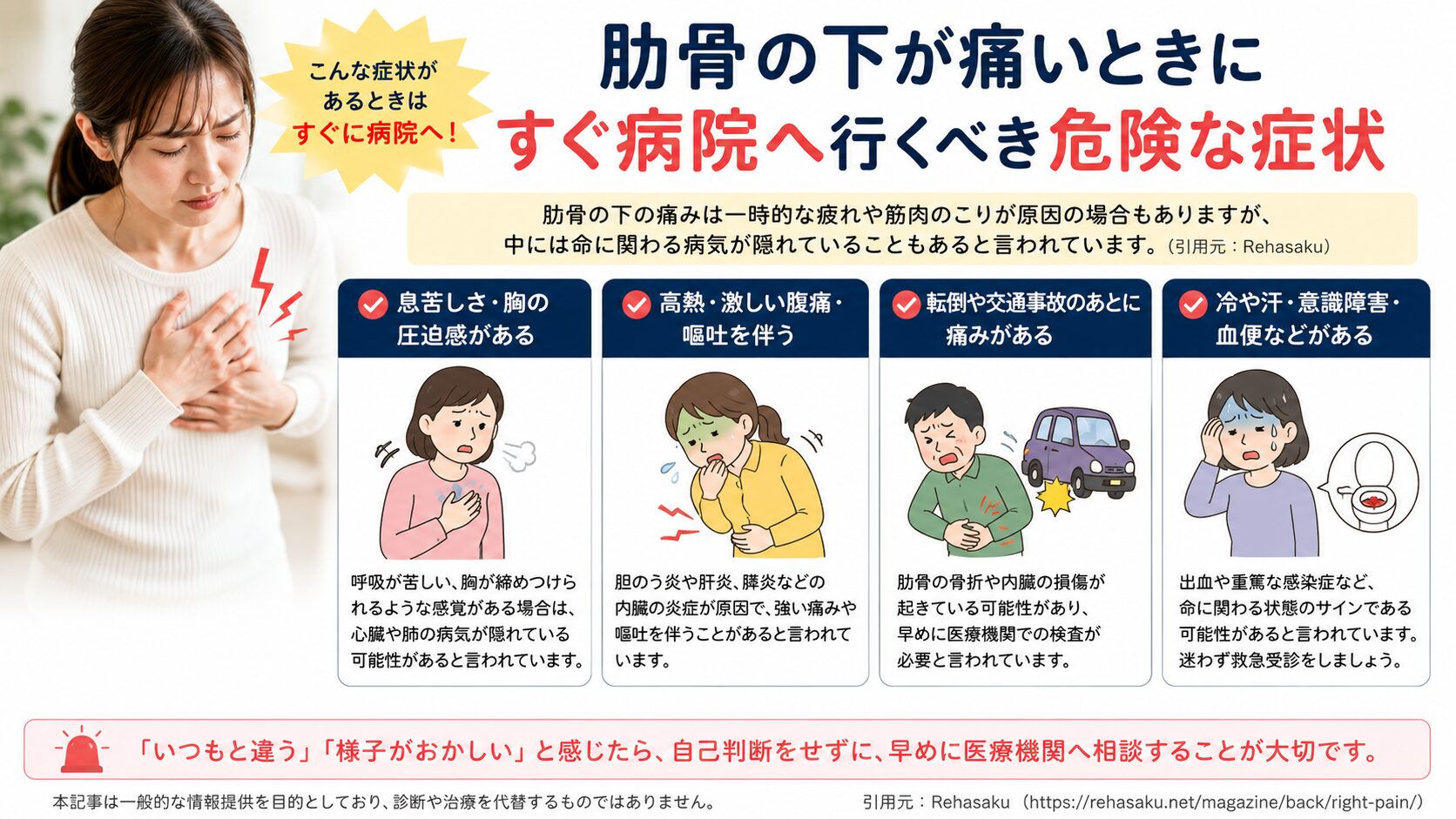 肋骨の下が痛いときにすぐ病院へ行くべき危険な症状