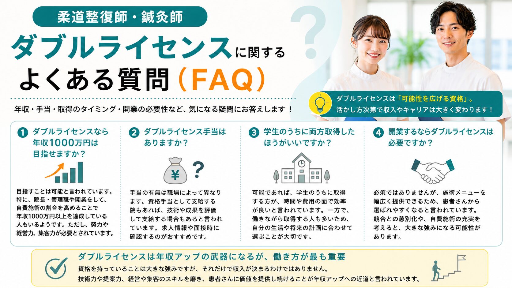 柔道整復師・鍼灸師ダブルライセンスに関するよくある質問(FAQ)