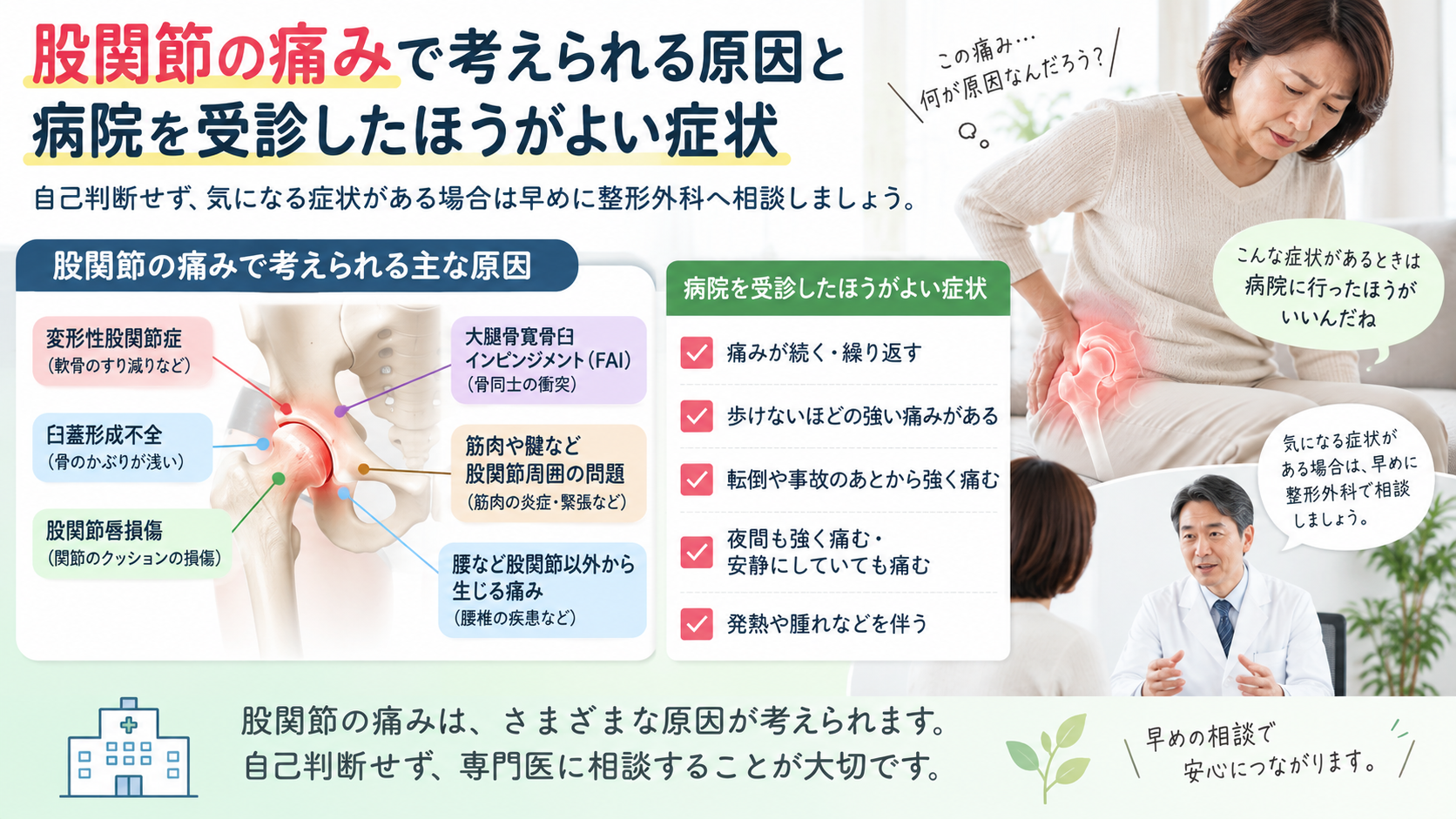 股関節の痛みで考えられる原因と病院へ来院したほうがよい症状