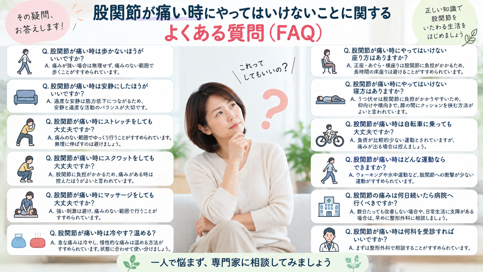 股関節が痛い時にやってはいけないことに関するよくある質問(FAQ)