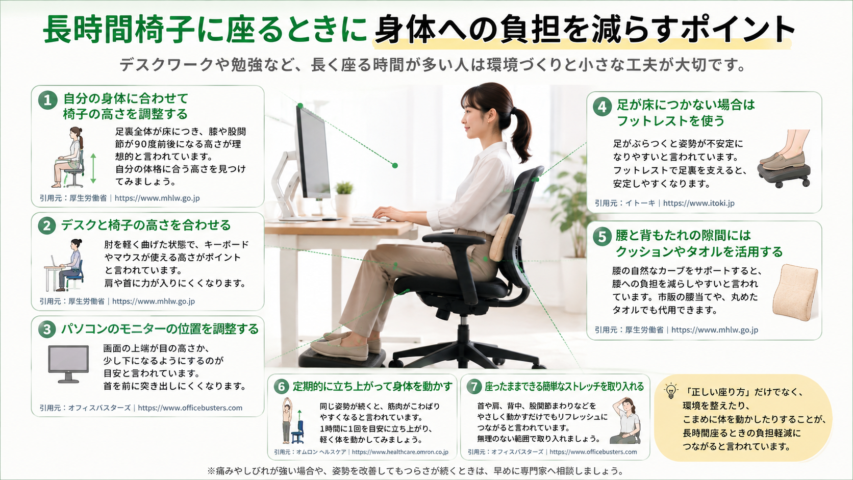 長時間椅子に座るときに体への負担を減らすポイント
