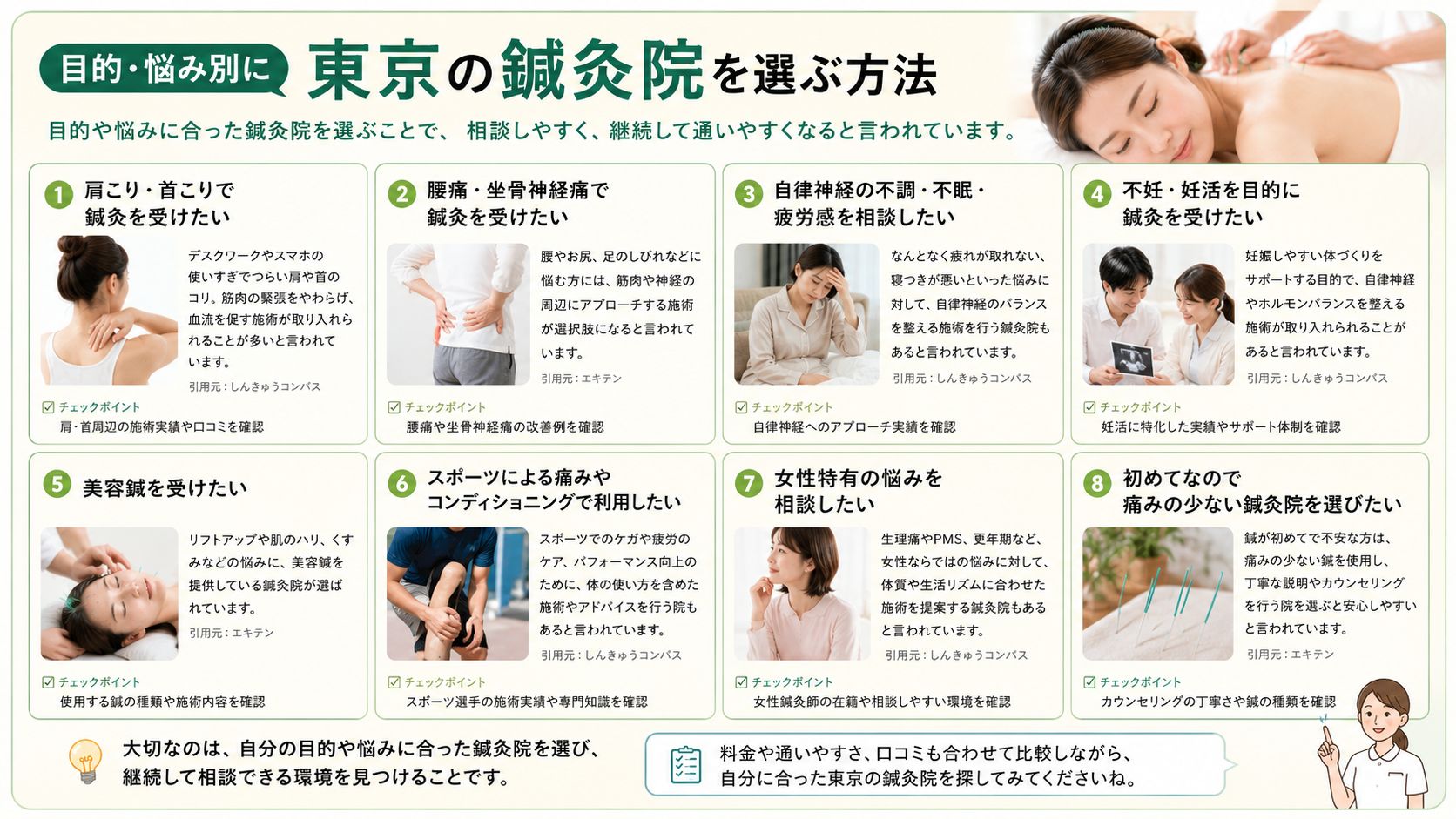 目的・悩み別に東京の鍼灸院を選ぶ方法