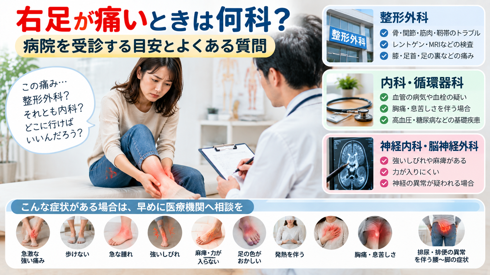 右足が痛いときは何科?病院を受診する目安とよくある質問