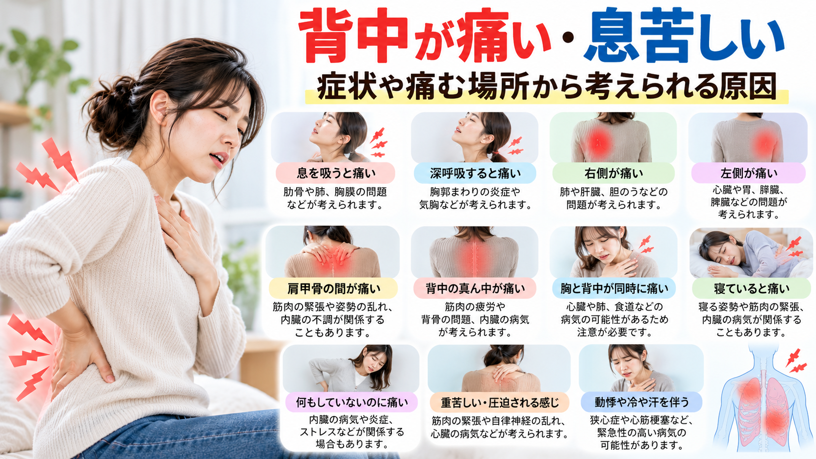背中が痛い・息苦しい原因を症状や痛む場所から確認