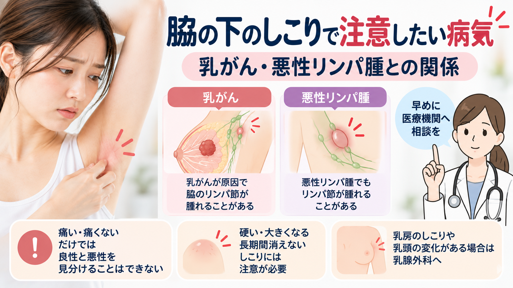 脇の下のしこりで注意したい病気|乳がん・悪性リンパ腫との関係