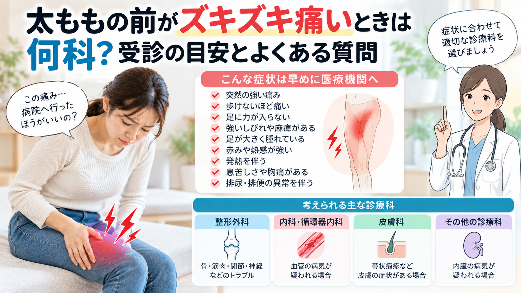 太ももの前がズキズキ痛いときは何科?受診の目安とよくある質問