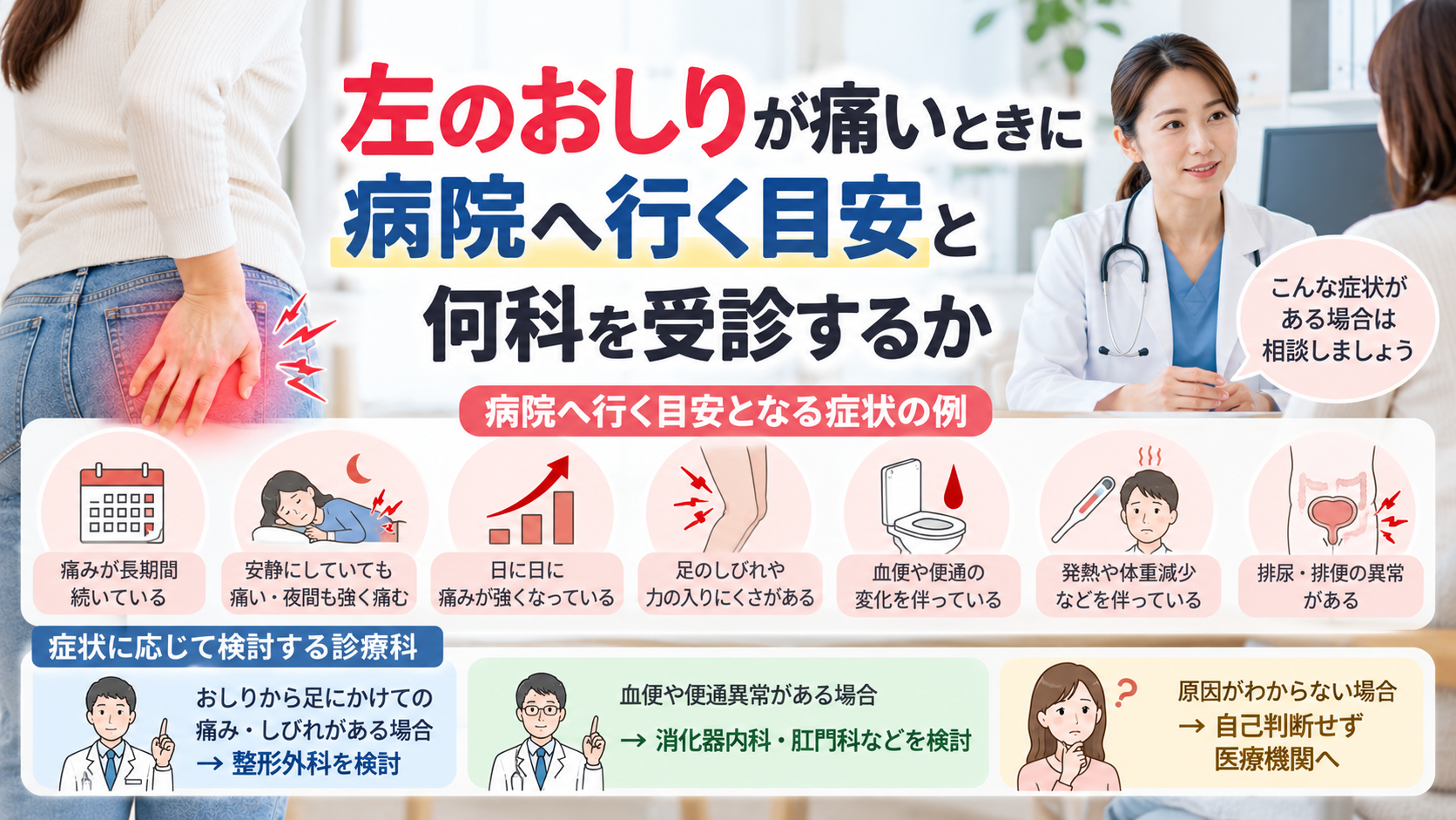 左のおしりが痛いときに病院へ行く目安と何科を受診するか