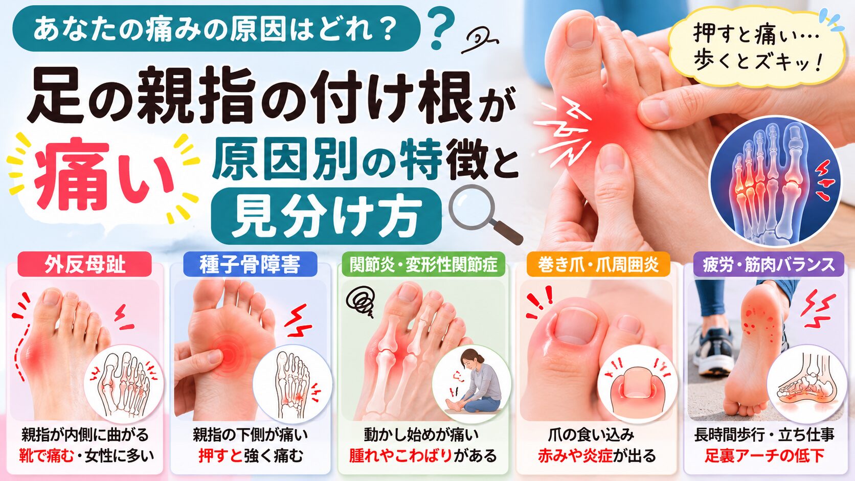 足の親指の付け根が痛い原因別の特徴と見分け方