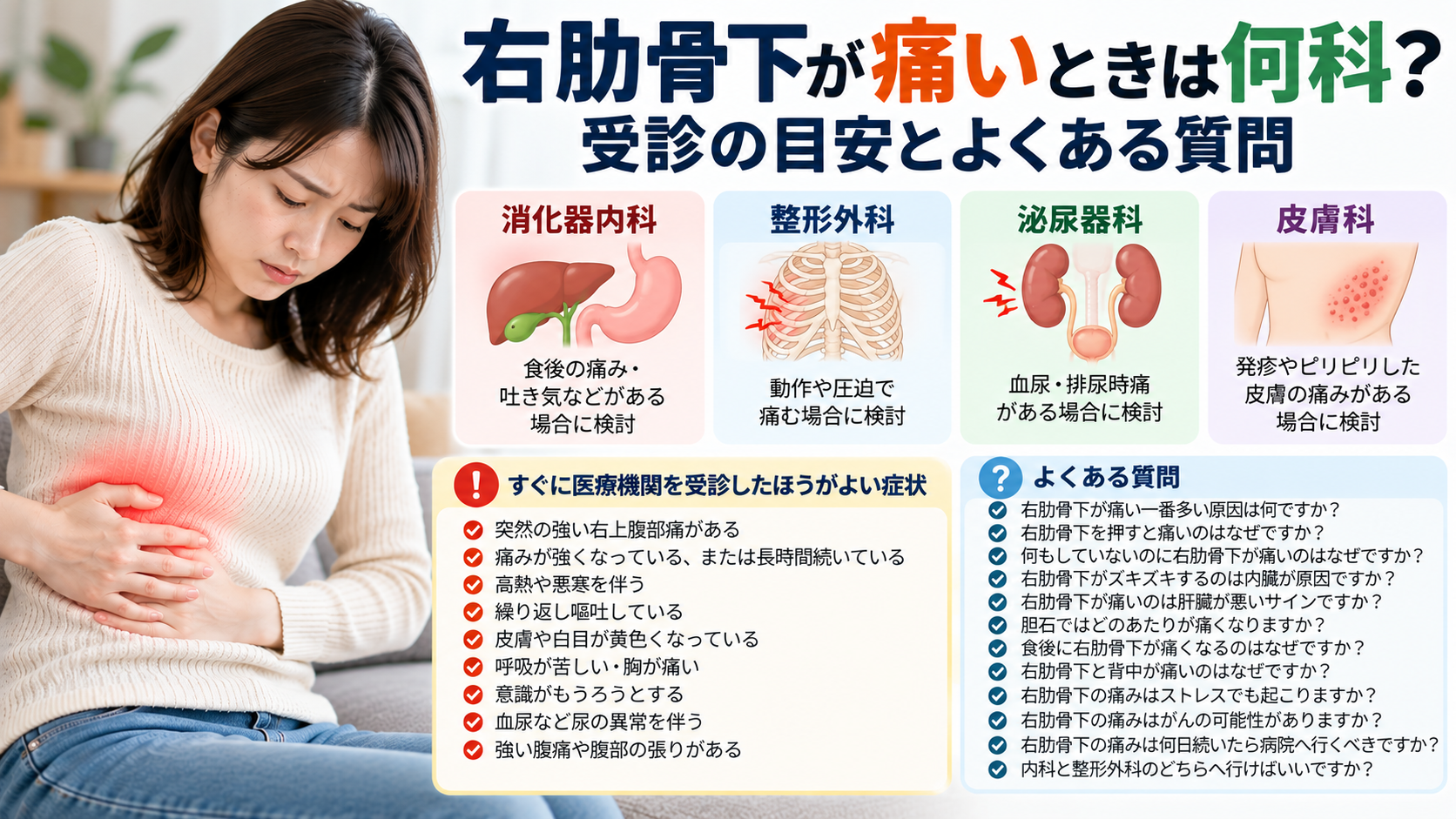 右肋骨下が痛いときは何科?病院を受診する目安とよくある質問