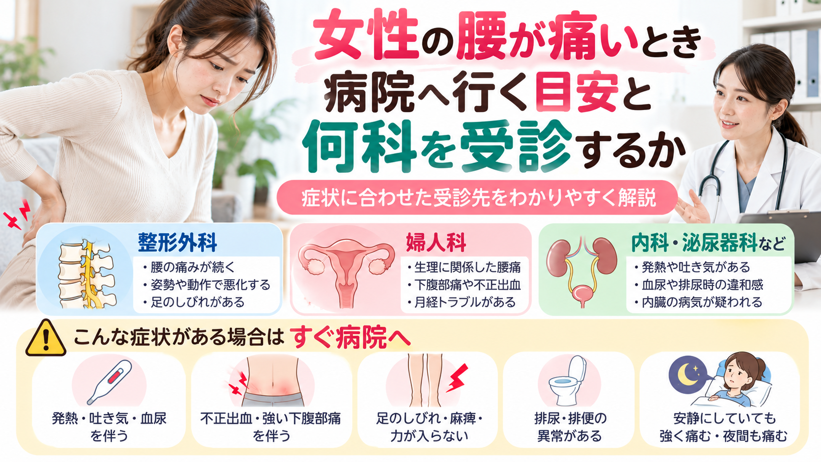 女性の腰が痛いときに病院へ行く目安と何科を受診するか