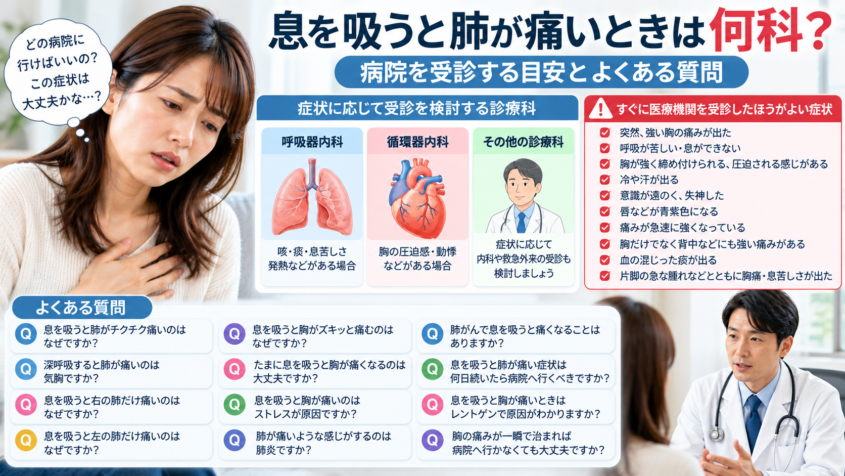 息を吸うと肺が痛いときは何科?病院を受診する目安とよくある質問