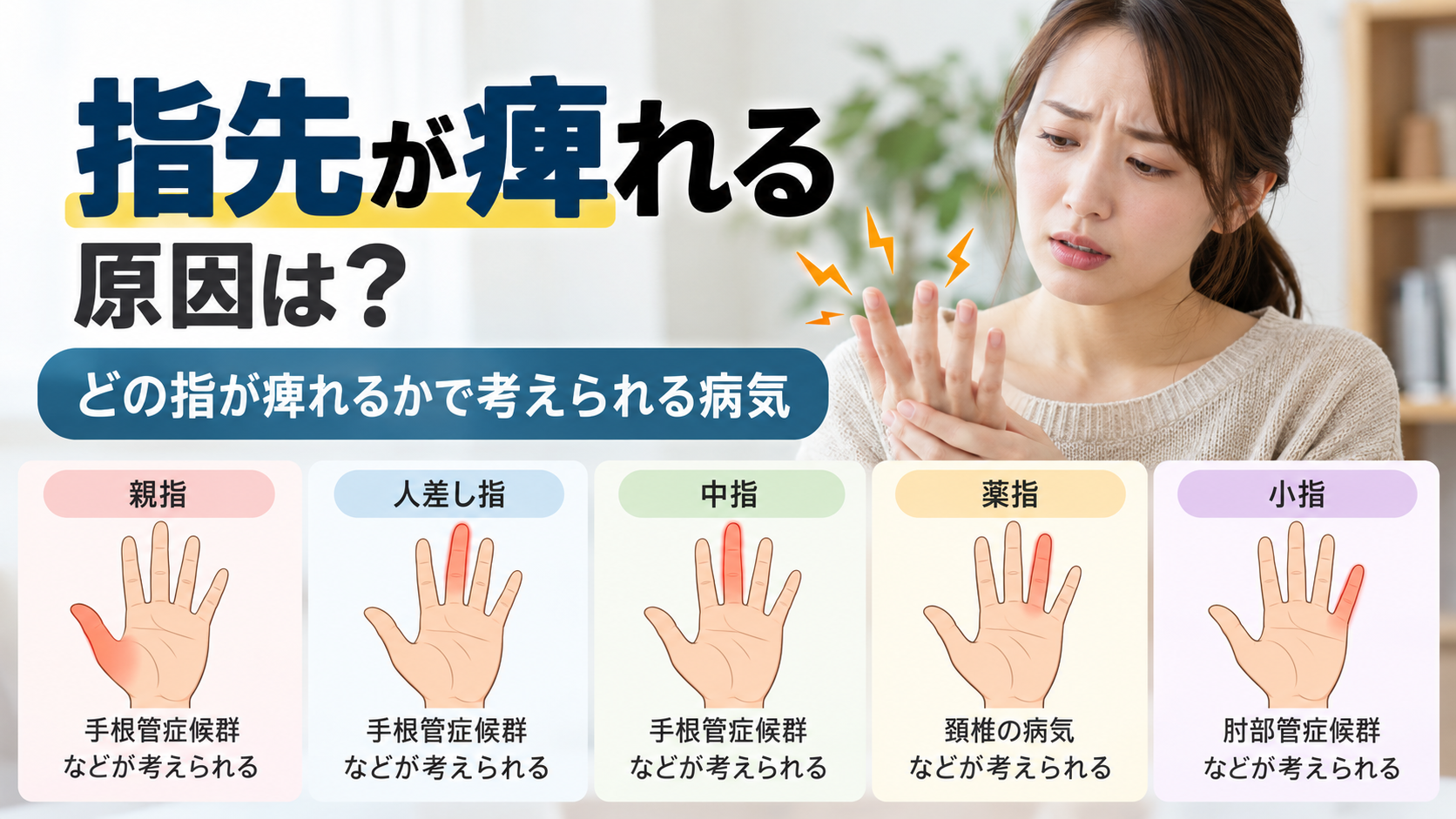 指先が痺れる原因は?まず確認したい「どの指が痺れるか」