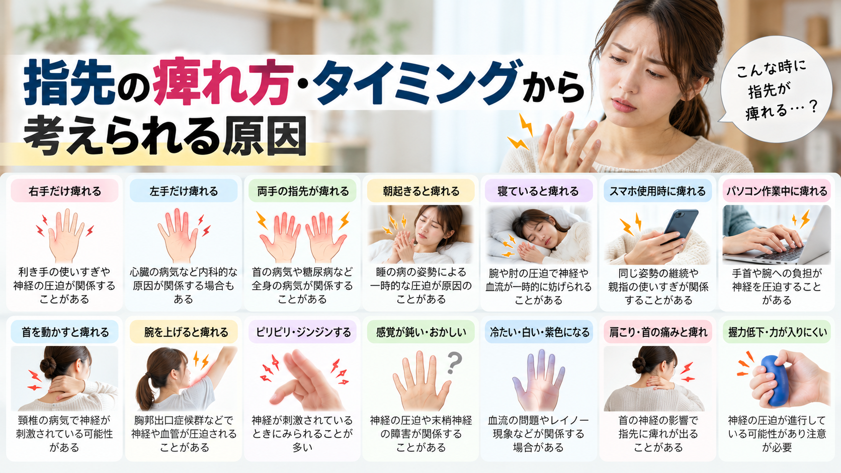 指先の痺れ方・タイミングから考えられる原因
